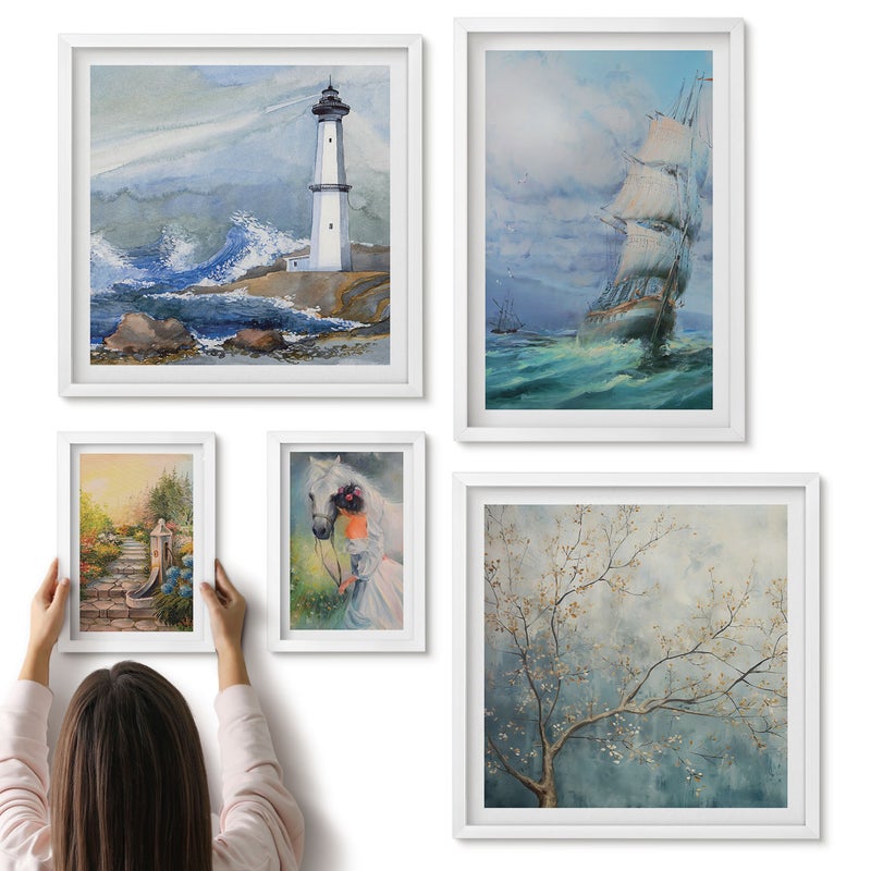 Galeria ścienna 5-częściowy komplet obrazów w białych ramach - Morskie przygody i romantyczne pejzaże natury - ArtPrintCave