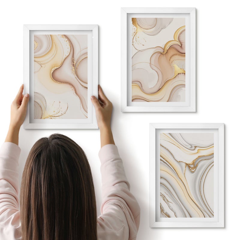 Galeria ścienna 3-częściowy komplet obrazów w białych ramach - Linearne abstrakcyjne motywy stylowa dekoracja - ArtPrintCave
