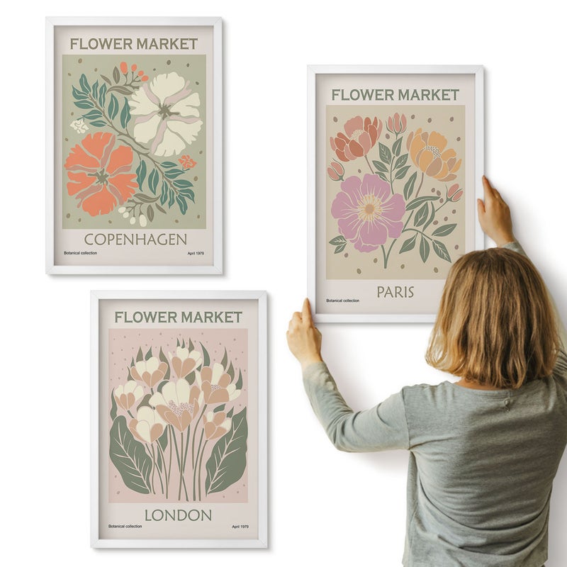 Galeria ścienna 3-częściowy komplet obrazów w białych ramach - Kwiatowe postery Kopenhaga Londyn Paryż - ArtPrintCave