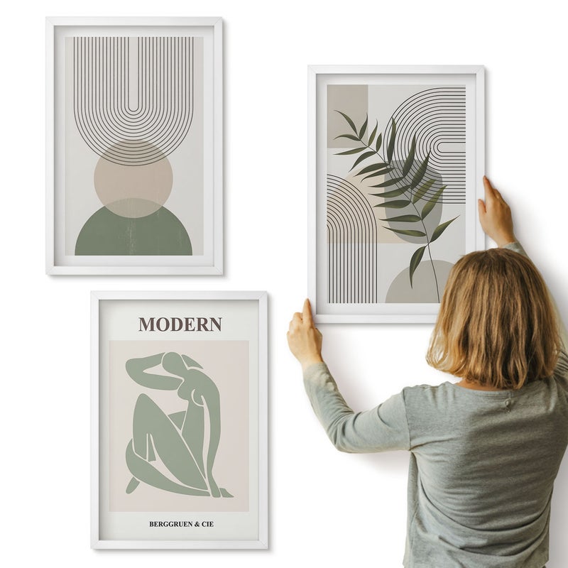 Galeria ścienna 3-częściowy komplet obrazów w białych ramach - Stylowe grafiki z abstrakcyjnymi kształtami i roślinami - ArtPrintCave
