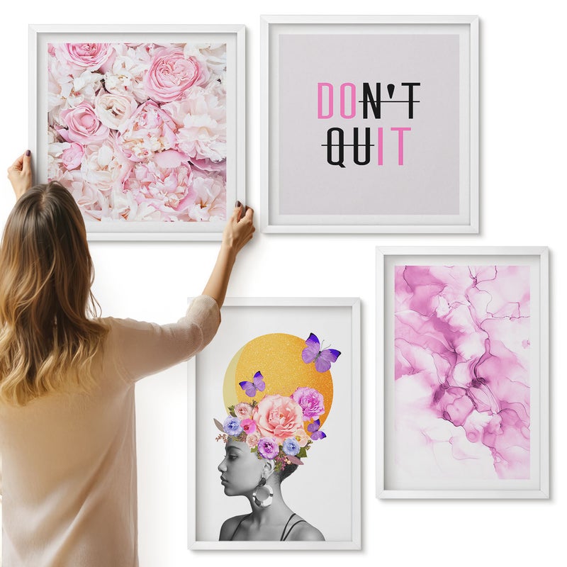 Galeria ścienna 4-częściowy komplet obrazów w białych ramach - Inspirujący napis kwiaty abstrakcja portret kobiety - ArtPrintCave