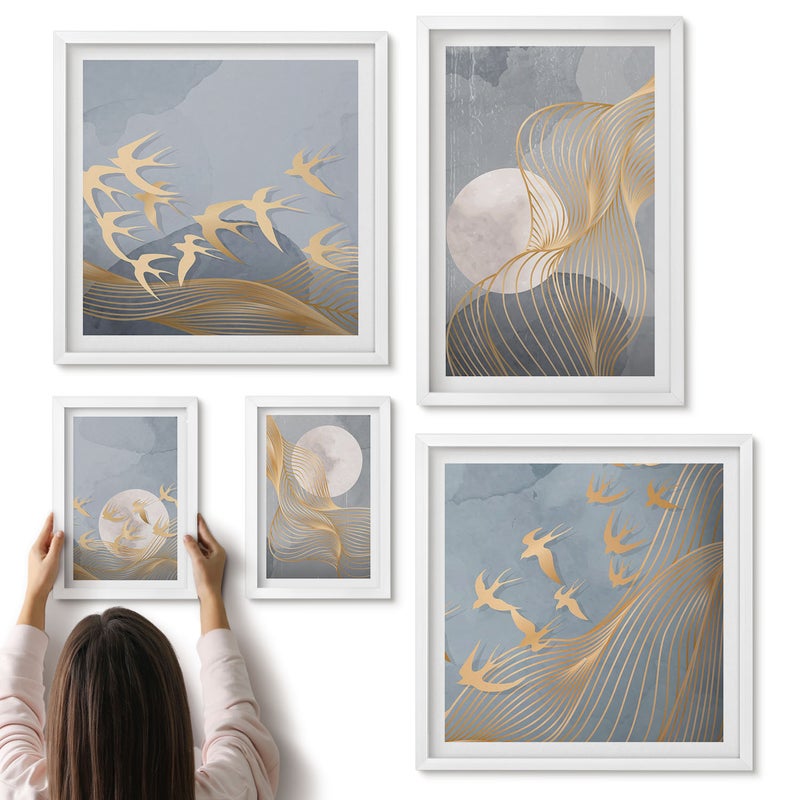 Galeria ścienna 5-częściowy komplet obrazów w białych ramach - Abstrakcyjne kompozycje z falami i ptakami w ruchu - ArtPrintCave