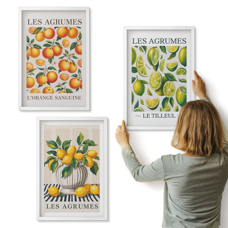 Galeria ścienna 3-częściowy komplet obrazów w białych ramach - Cytrusy w różnych odsłonach kolorowych i świeżych - ArtPrintCave