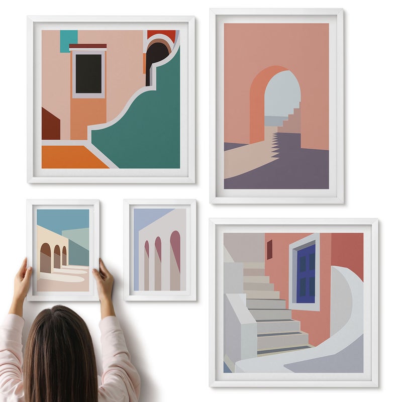 Galeria ścienna 5-częściowy komplet obrazów w białych ramach - Pastelowe minimalistyczne grafiki architektury miejskiej - ArtPrintCave