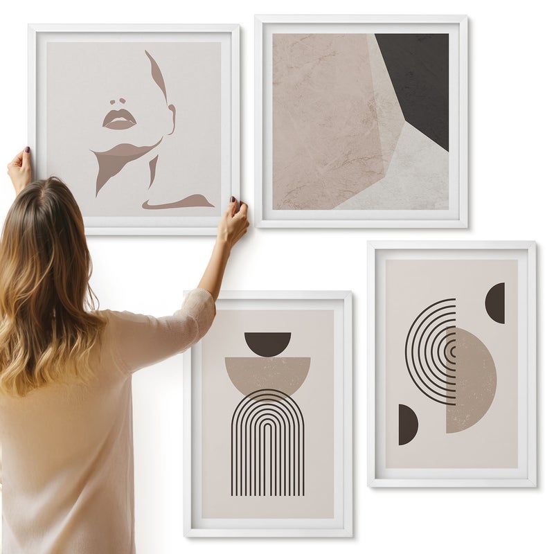 Galeria ścienna 4-częściowy komplet obrazów w białych ramach - Abstrakcyjne formy geometryczne i sylwetka twarzy - ArtPrintCave