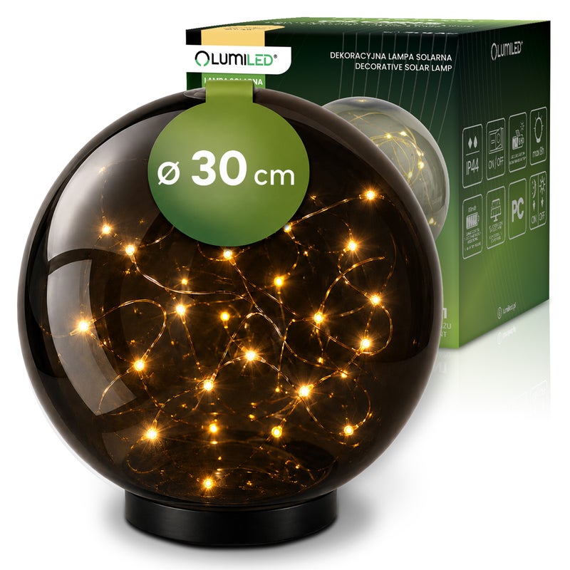 Lampa Solarna Ogrodowa LED GLORIS 3000K Ciepła biel IP44 Wbijana Naziemna Ozdobna Kula Dymiona 30cm LUMILED
