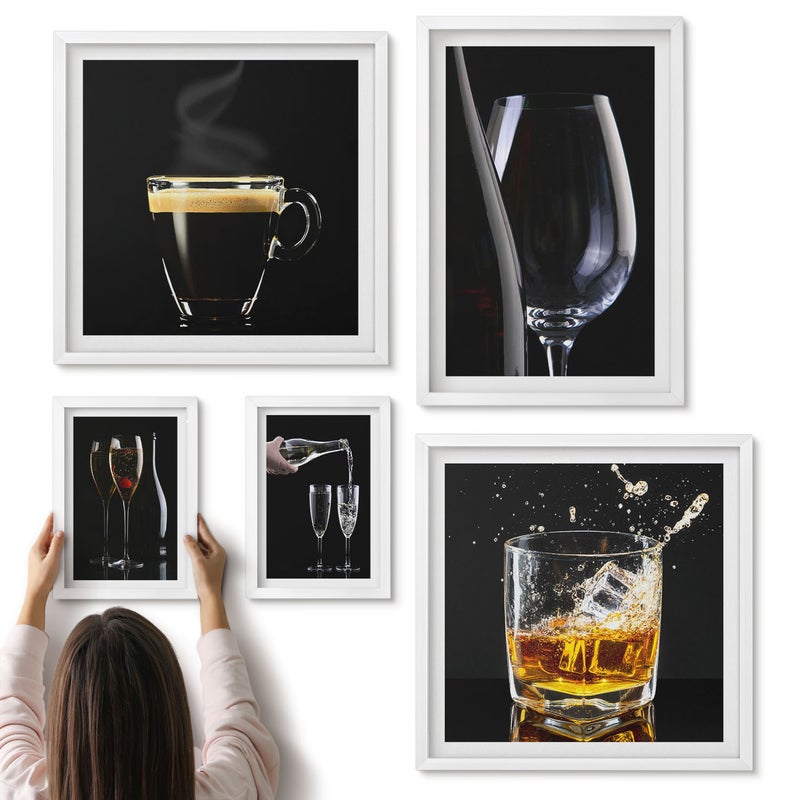 Galeria ścienna 5-częściowy komplet obrazów w białych ramach - Koktajle i napoje w eleganckim stylu barowym - ArtPrintCave