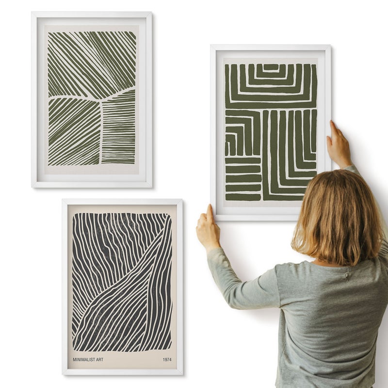 Galeria ścienna 3-częściowy komplet obrazów w białych ramach - Wzory linii i kształtów w odcieniach zieleni - ArtPrintCave