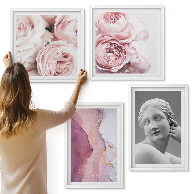 Galeria ścienna 4-częściowy komplet obrazów w białych ramach - Romantyczne piwonie rzeźba kobiety abstrakcja - ArtPrintCave