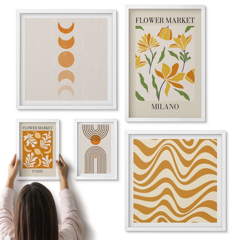 Galeria ścienna 5-częściowy komplet obrazów w białych ramach - Stylowe dekoracje w motywy kwiatowe i geometryczne - ArtPrintCave