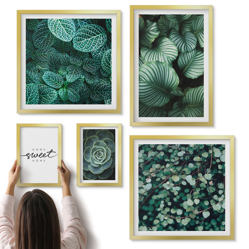 Galeria ścienna 5-częściowy komplet obrazów w złotych ramach - Zielone liście i rośliny w stylu nowoczesnym - ArtPrintCave
