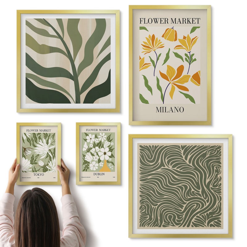 Galeria ścienna 5-częściowy komplet obrazów w złotych ramach - Roślinne motywy kwiatowe w stylu nowoczesnym i minimalistycznym - ArtPrintCave