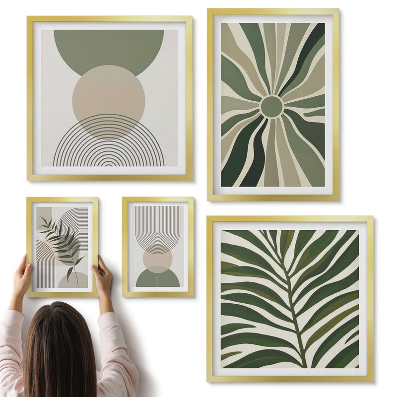 Galeria ścienna 5-częściowy komplet obrazów w złotych ramach - Stylowe grafiki w odcieniach zieleni z motywami roślinnymi - ArtPrintCave