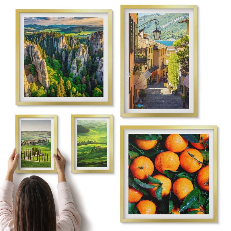 Galeria ścienna 5-częściowy komplet obrazów w złotych ramach - Urokliwe krajobrazy wiejskie i owocowe inspiracje - ArtPrintCave