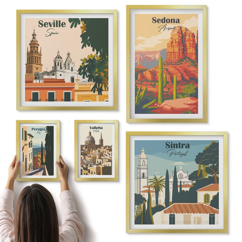 Galeria ścienna 5-częściowy komplet obrazów w złotych ramach - Krajobrazy turystyczne z różnych miast świata - ArtPrintCave