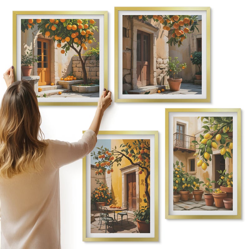 Galeria ścienna 4-częściowy komplet obrazów w złotych ramach - Owoce cytrusowe w słonecznym dziedzińcu z roślinami - ArtPrintCave