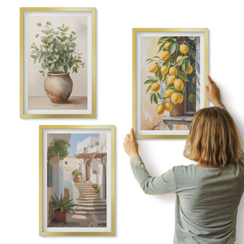 Galeria ścienna 3-częściowy komplet obrazów w złotych ramach - Rośliny w donicach i cytryny na tle uliczki - ArtPrintCave