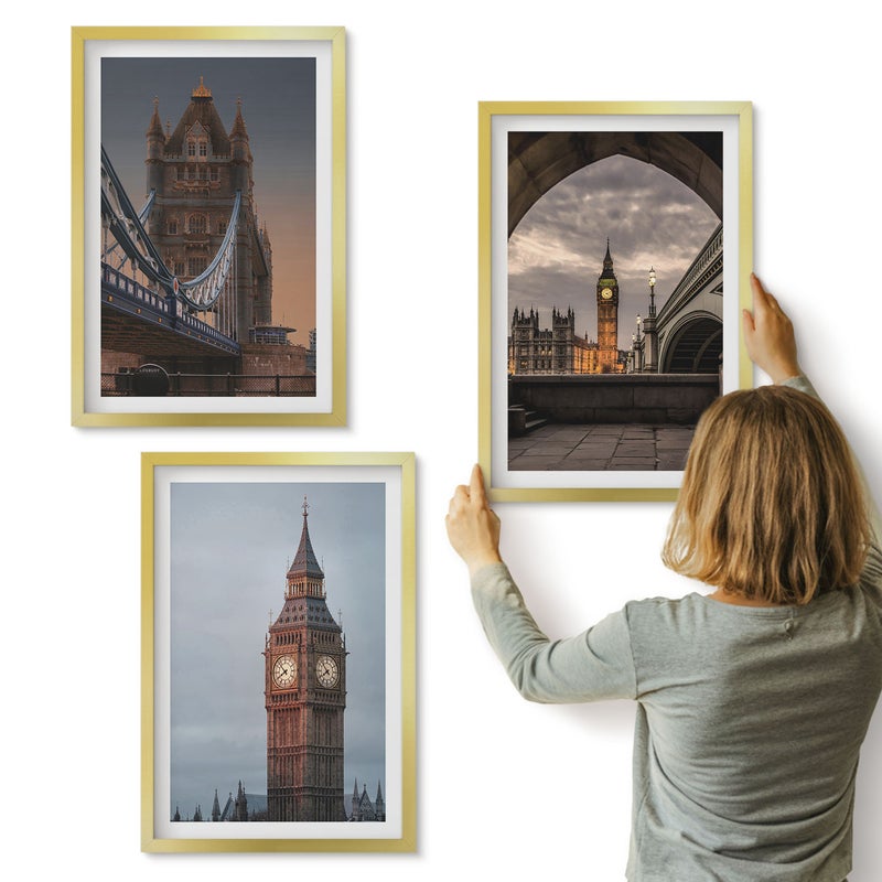 Galeria ścienna 3-częściowy komplet obrazów w złotych ramach - Widoki Londynu z mostem i zegarem Big Benem - ArtPrintCave