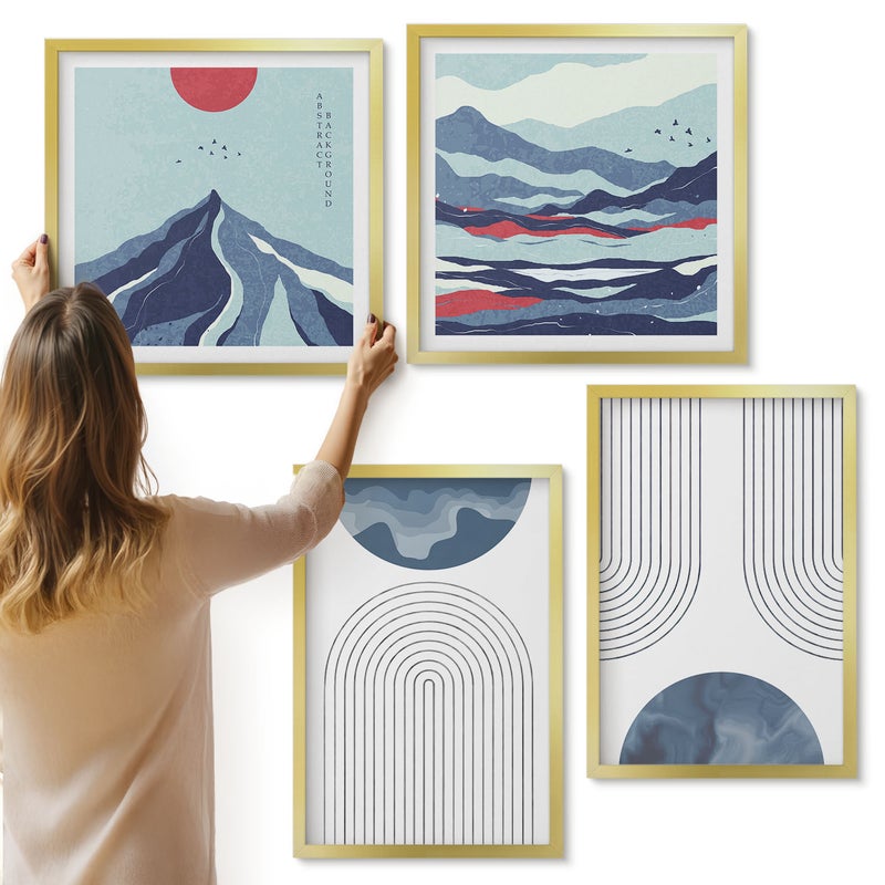Galeria ścienna 4-częściowy komplet obrazów w złotych ramach - Abstrakcyjne wzory górskie pejzaże japandi - ArtPrintCave