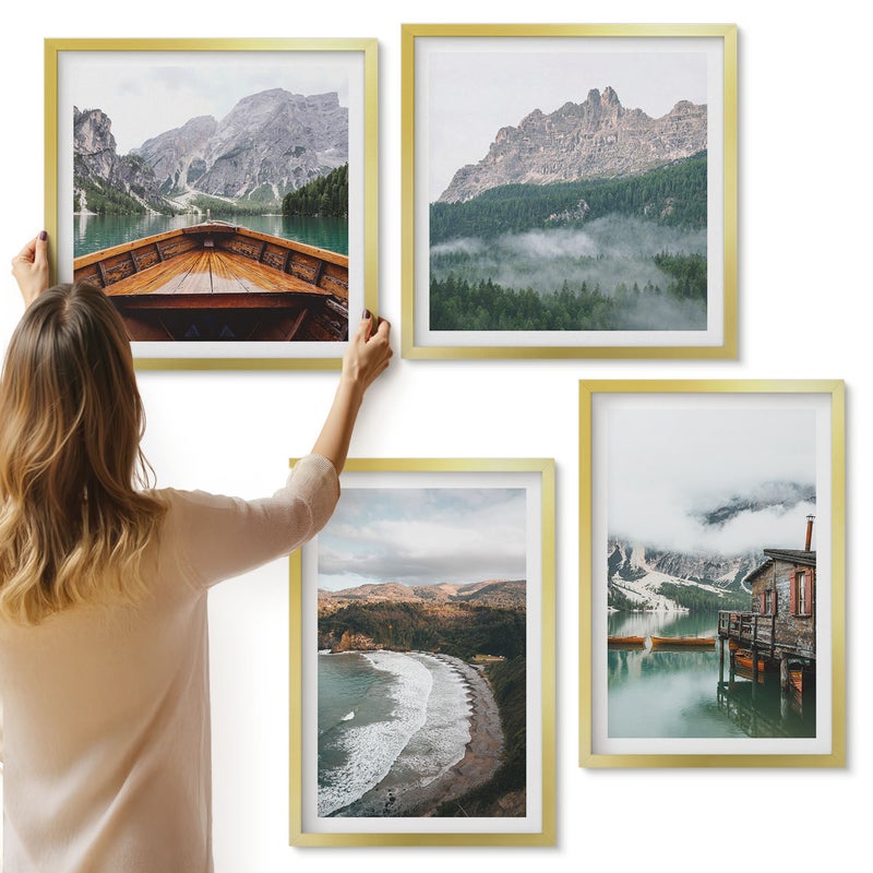 Galeria ścienna 4-częściowy komplet obrazów w złotych ramach - Górskie krajobrazy z plażą drewnianym domem łodzią - ArtPrintCave