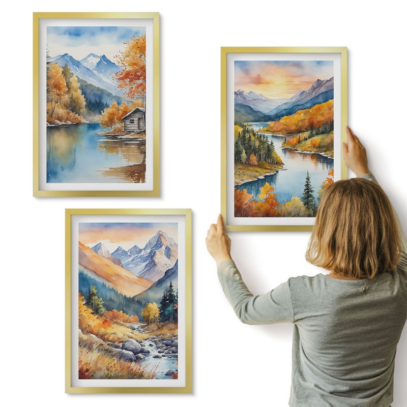 Galeria ścienna 3-częściowy komplet obrazów w złotych ramach - Górski krajobraz z rzeką i jesiennymi drzewami - ArtPrintCave