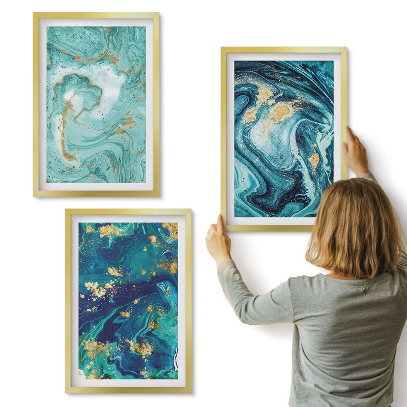 Galeria ścienna 3-częściowy komplet obrazów w złotych ramach - Turkusowa abstrakcja rozlanych farb - ArtPrintCave