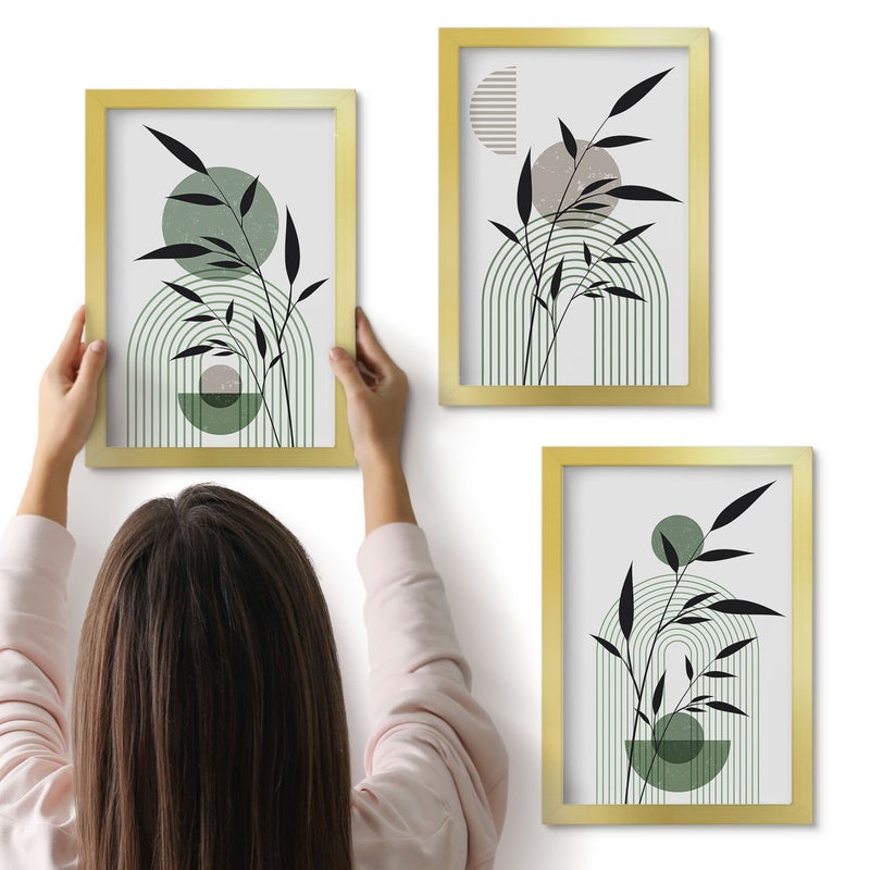 Galeria ścienna 3-częściowy komplet obrazów w złotych ramach - Roślinne kompozycje abstrakcyjne styl boho - ArtPrintCave
