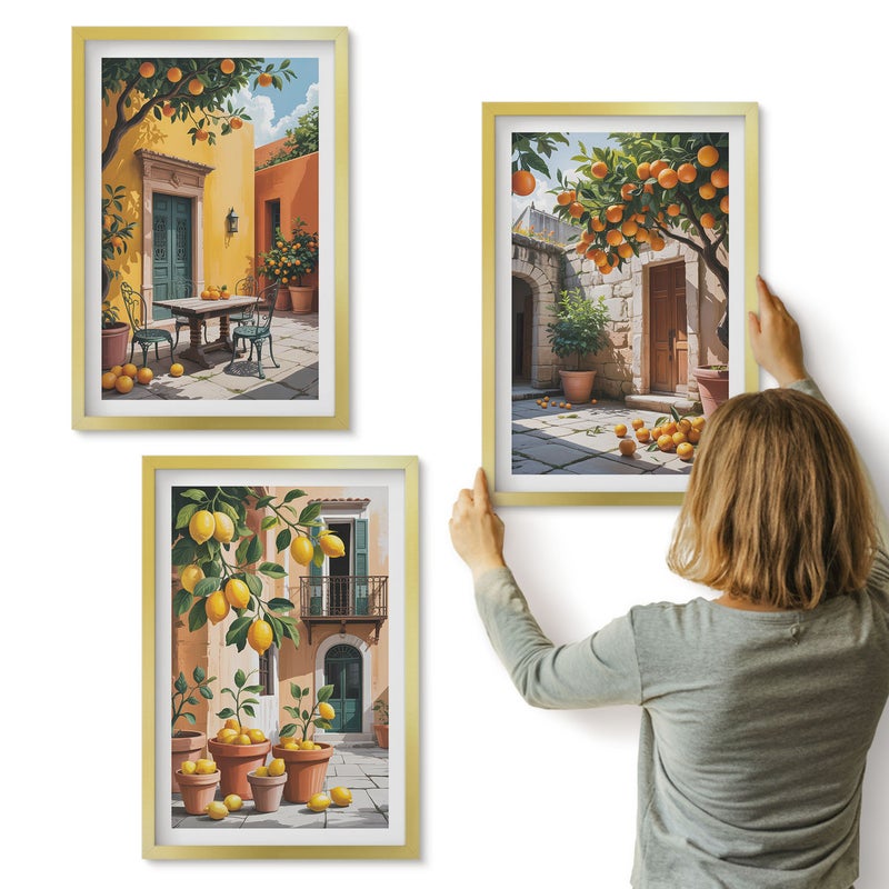 Galeria ścienna 3-częściowy komplet obrazów w złotych ramach - Owoce cytrusowe w słonecznej scenerii ogrodowej - ArtPrintCave