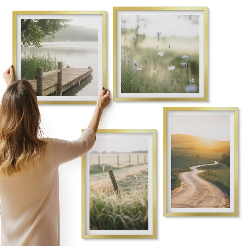 Galeria ścienna 4-częściowy komplet obrazów w złotych ramach - Krajobraz z łąką drogą i zachodem słońca - ArtPrintCave