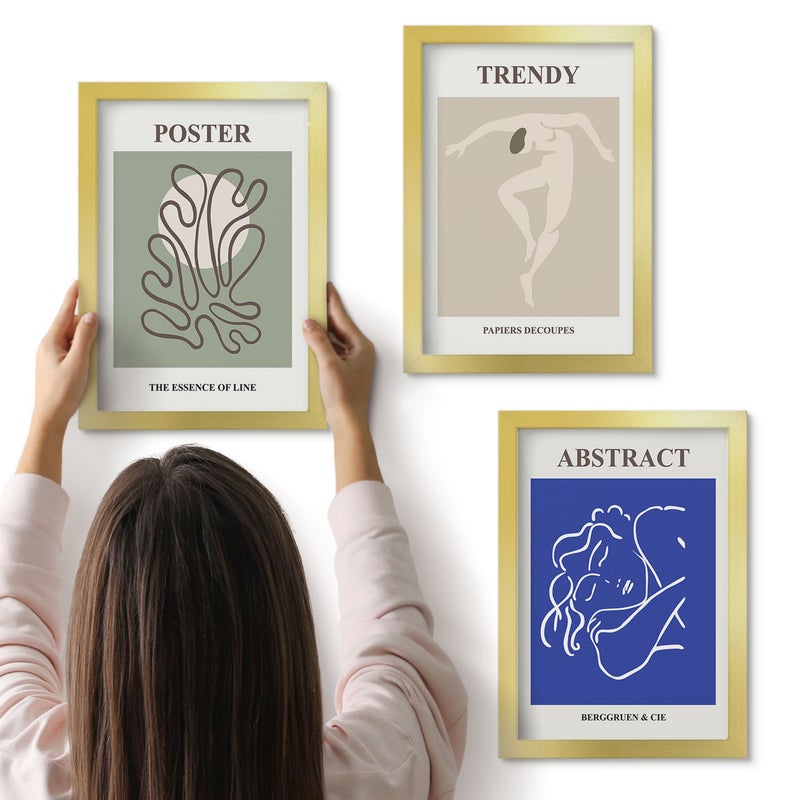 Galeria ścienna 3-częściowy komplet obrazów w złotych ramach - Henri Matisse pastelowe ilustracje - ArtPrintCave