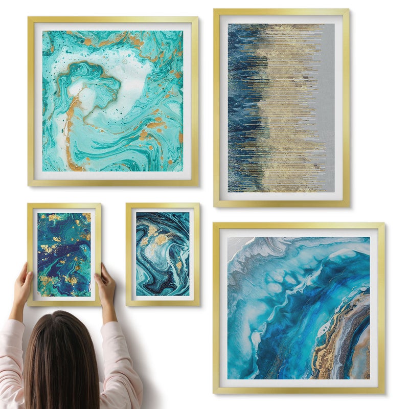 Galeria ścienna 5-częściowy komplet obrazów w złotych ramach - Abstrakcyjne kompozycje w odcieniach niebieskiego i zieleni - ArtPrintCave
