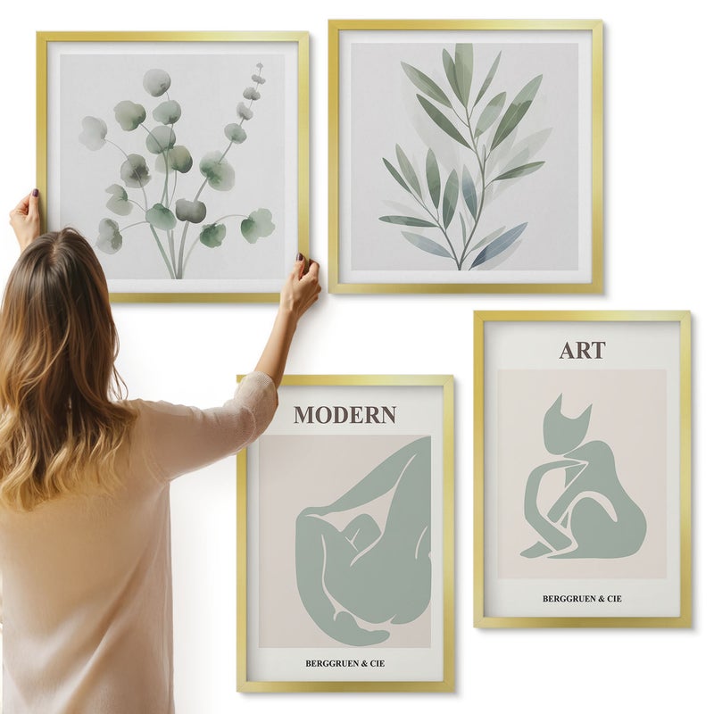 Galeria ścienna 4-częściowy komplet obrazów w złotych ramach - Roślinne motywy w delikatnych odcieniach zieleni - ArtPrintCave