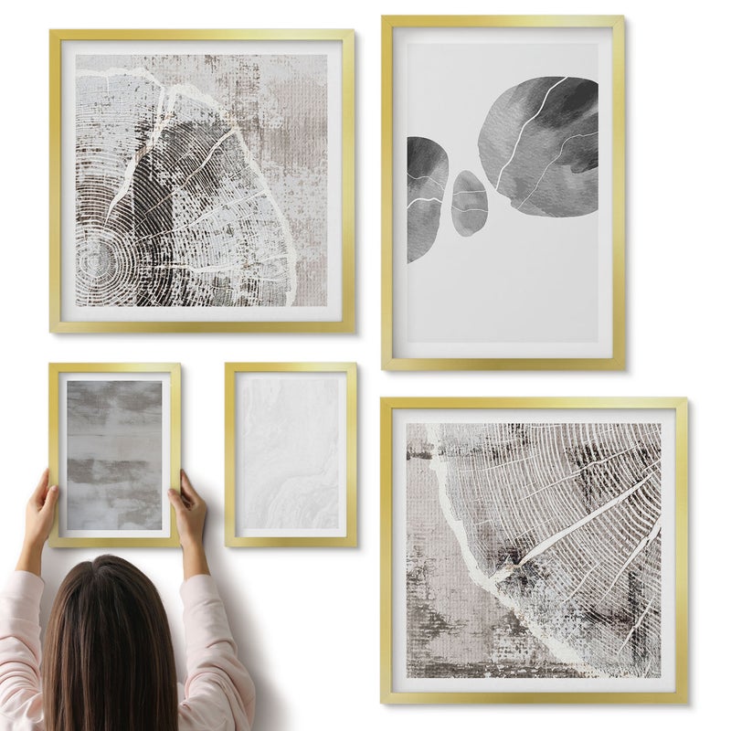 Galeria ścienna 5-częściowy komplet obrazów w złotych ramach - Abstrakcyjne kształty i struktury styl nowoczesny - ArtPrintCave