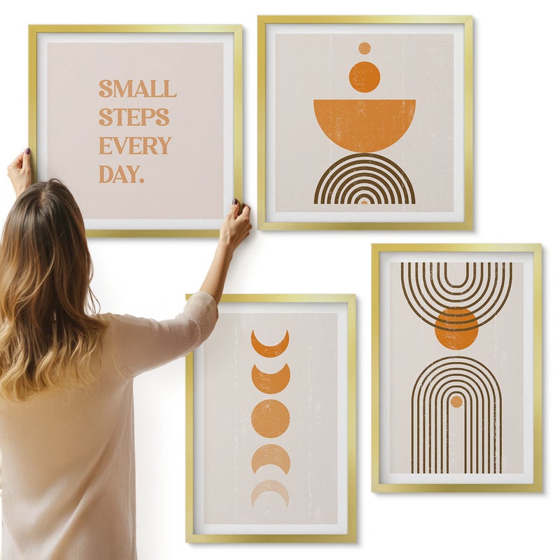 Galeria ścienna 4-częściowy komplet obrazów w złotych ramach - Minimalistyczne boho wzory abstrakcyjne i napis - ArtPrintCave
