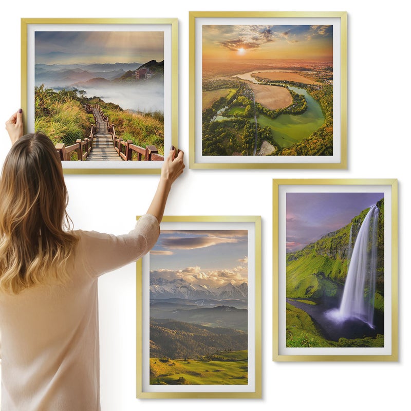 Galeria ścienna 4-częściowy komplet obrazów w złotych ramach - Widoki górskie rzeki i wodospadu w naturze - ArtPrintCave