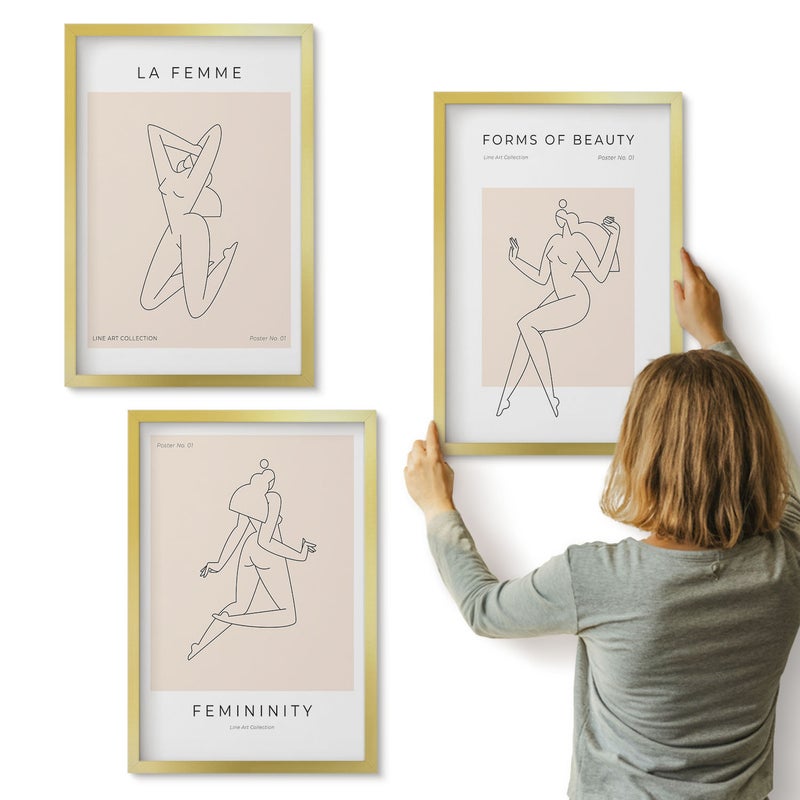Galeria ścienna 3-częściowy komplet obrazów w złotych ramach - Linearne sylwetki kobiet w minimalistycznych posterach - ArtPrintCave