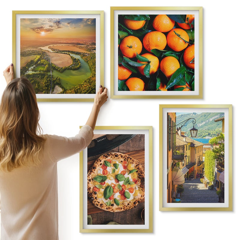 Galeria ścienna 4-częściowy komplet obrazów w złotych ramach - Włoskie krajobrazy z rzeką wzgórzami i miejską uliczką - ArtPrintCave