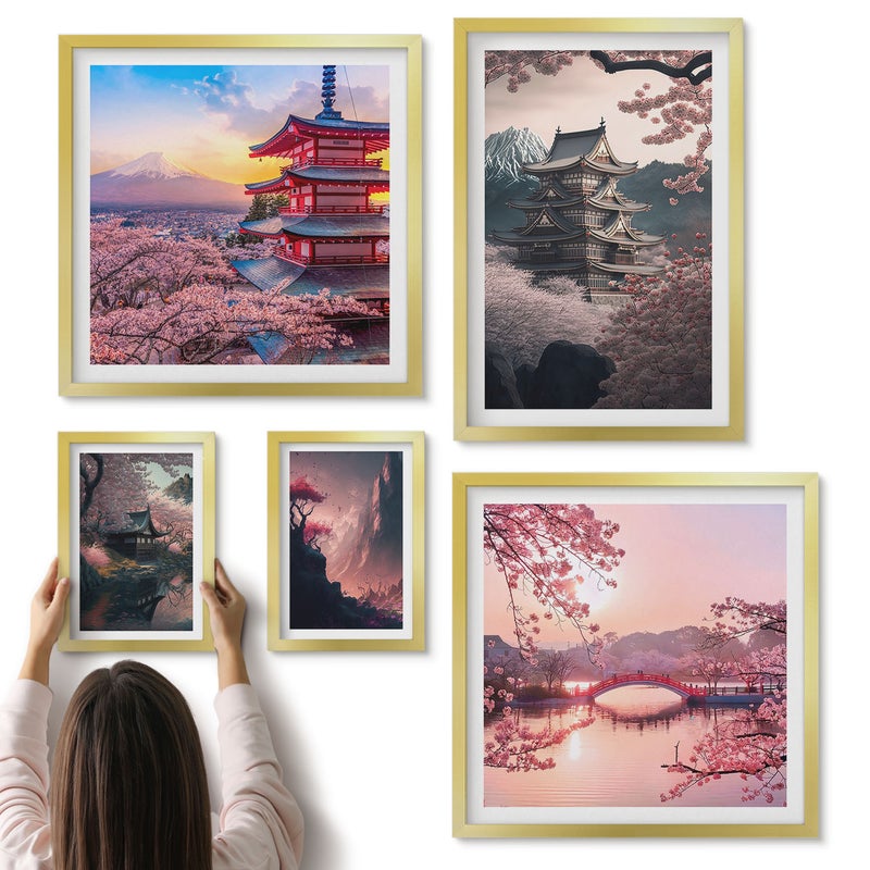 Galeria ścienna 5-częściowy komplet obrazów w złotych ramach - Japońskie krajobrazy z kwitnącymi wiśniami i pagodami - ArtPrintCave