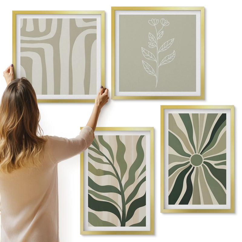 Galeria ścienna 4-częściowy komplet obrazów w złotych ramach - Wzory roślinne w odcieniach zieleni minimalizm - ArtPrintCave