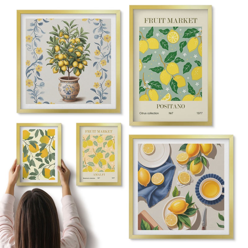 Galeria ścienna 5-częściowy komplet obrazów w złotych ramach - Kolekcja cytrusów świeże owoce i dekoracyjne wzory - ArtPrintCave