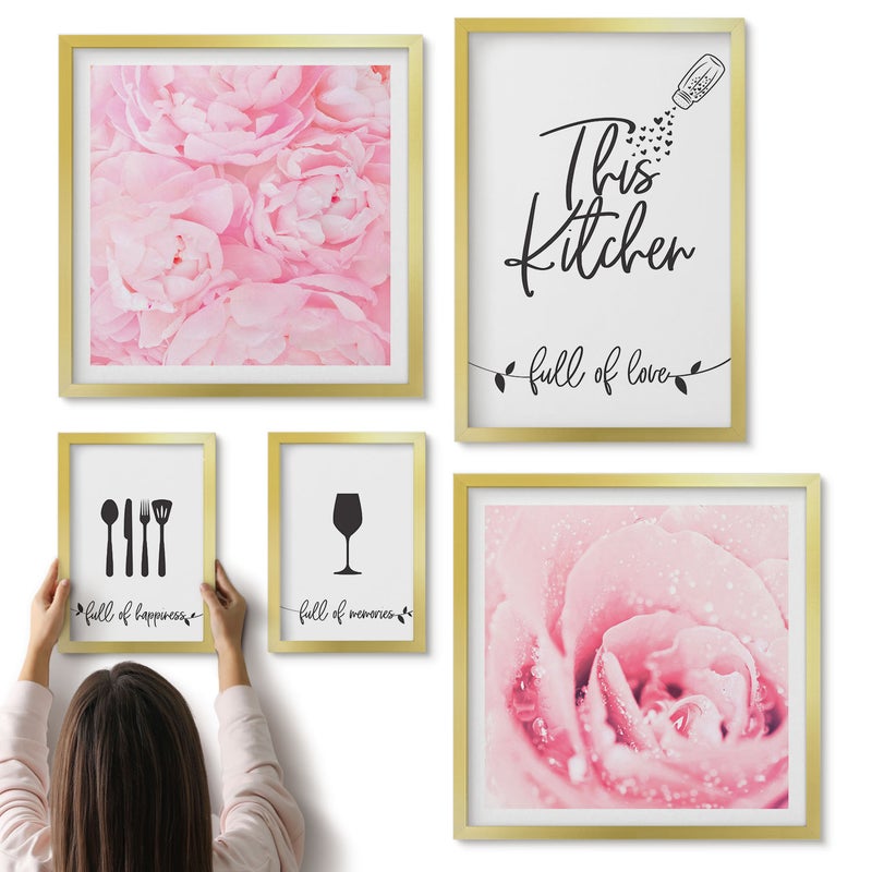 Galeria ścienna 5-częściowy komplet obrazów w złotych ramach - Kuchenne inspiracje z różami i akcesoriami kulinarnymi - ArtPrintCave