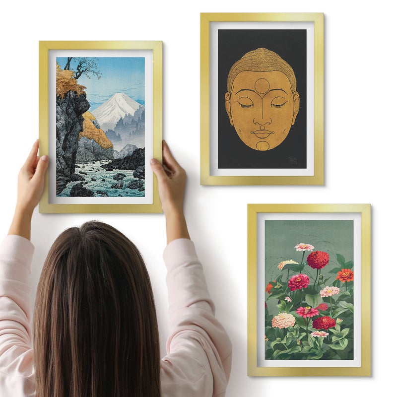 Galeria ścienna 3-częściowy komplet obrazów w złotych ramach - Japońska natura i kultura styl japandi - ArtPrintCave