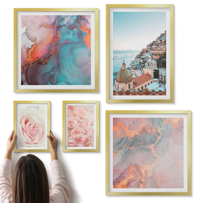 Galeria ścienna 5-częściowy komplet obrazów w złotych ramach - Romantyczne pejzaże z różami i pastelowymi akcentami - ArtPrintCave