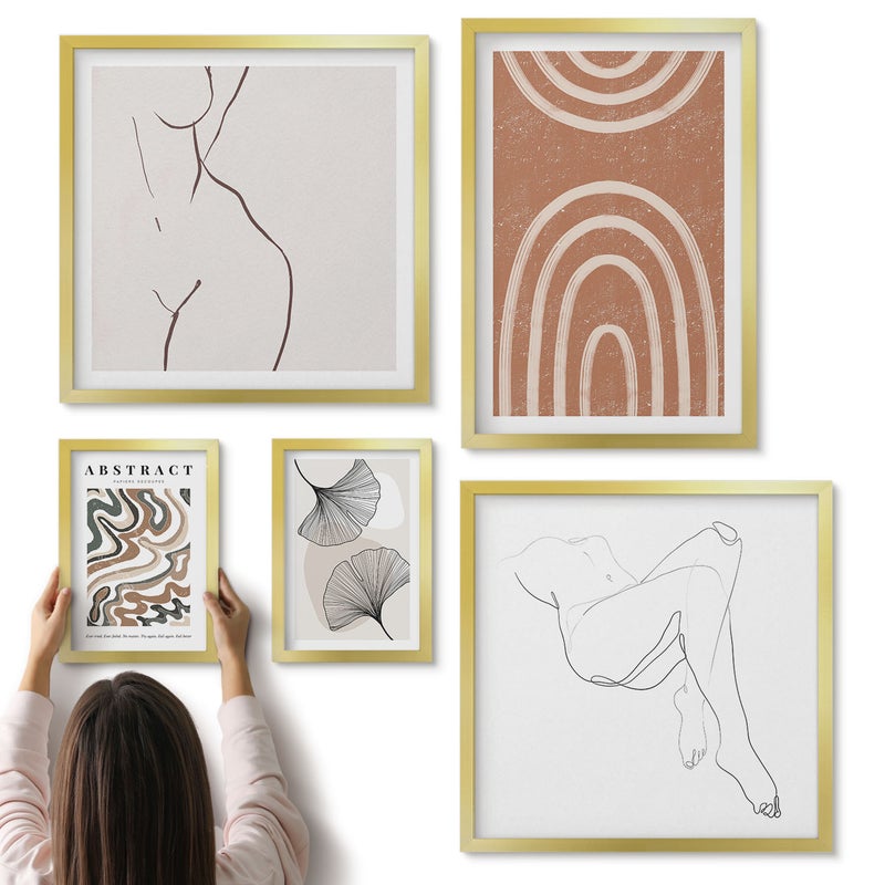 Galeria ścienna 5-częściowy komplet obrazów w złotych ramach - Stylowe abstrakcyjne kompozycje z motywami figuralnymi - ArtPrintCave