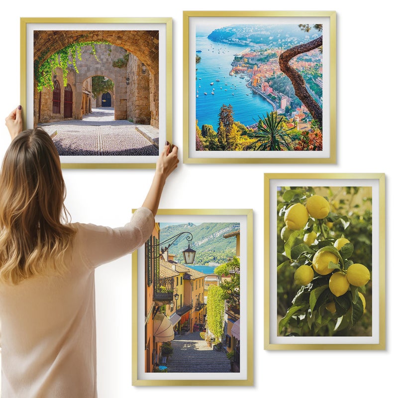 Galeria ścienna 4-częściowy komplet obrazów w złotych ramach - Malownicze uliczki nadmorskie widok na morze i cytryny - ArtPrintCave