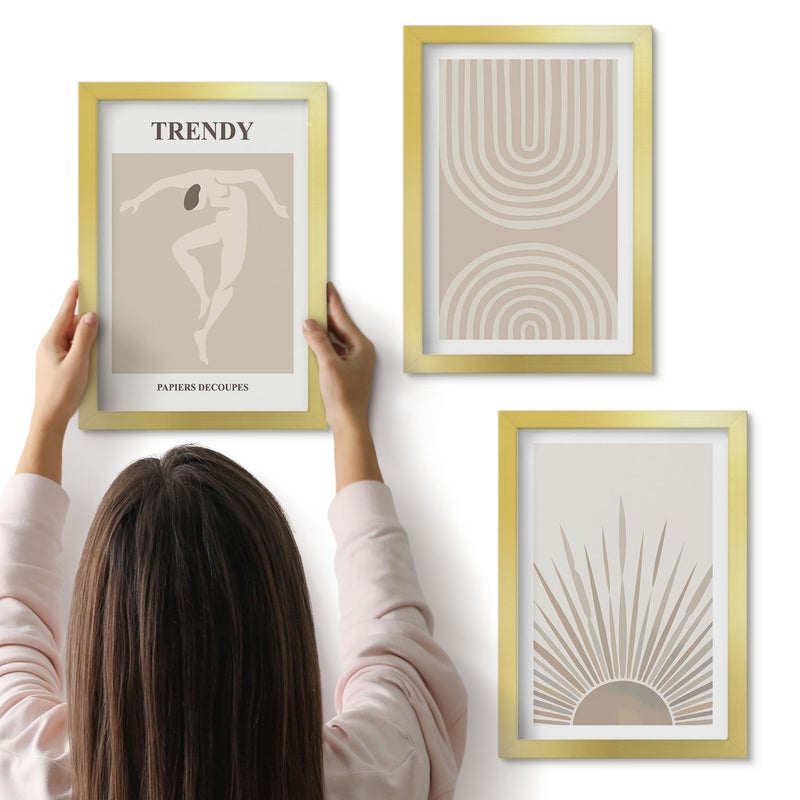Galeria ścienna 3-częściowy komplet obrazów w złotych ramach - Pastelowe postery modne abstrakcje boho - ArtPrintCave