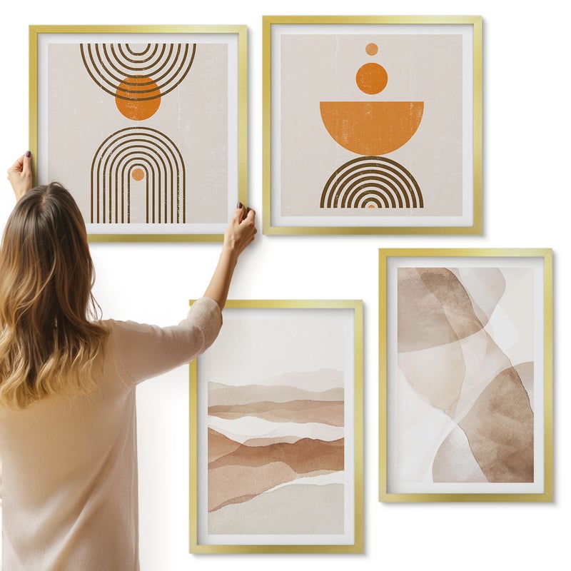 Galeria ścienna 4-częściowy komplet obrazów w złotych ramach - Struktury w różnych odcieniach minimalizm - ArtPrintCave