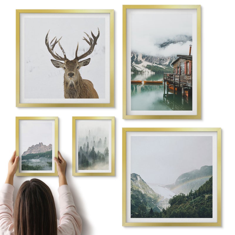 Galeria ścienna 5-częściowy komplet obrazów w złotych ramach - Krajobrazy górskie z dziką przyrodą i jeziorem - ArtPrintCave
