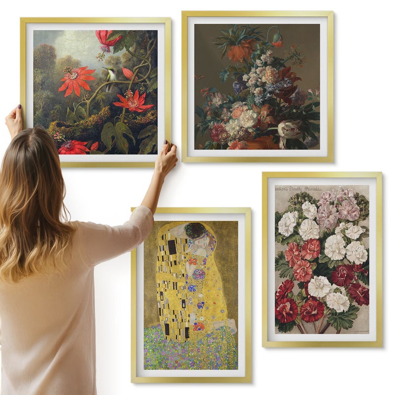 Galeria ścienna 4-częściowy komplet obrazów w złotych ramach - Kwiaty i drzewa w stylu malarskim Pocałunek Gustav Klimt - ArtPrintCave