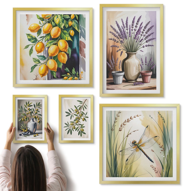 Galeria ścienna 5-częściowy komplet obrazów w złotych ramach - Kwiatowe kompozycje z oliwkami i cytrynami w stylu rustykalnym - ArtPrintCave
